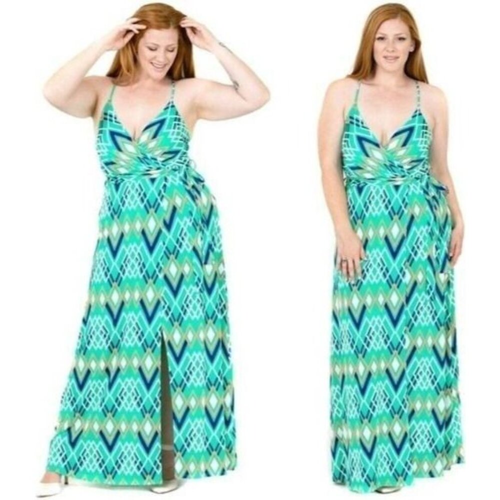 Mint Chevron Plus Size 3X Women's Sleeveless Maxi Floor Faux Wrap Dress NWT